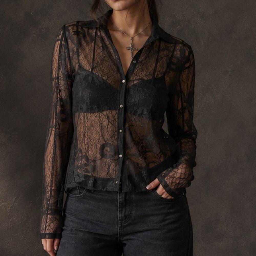 Nasty Gal Black Sheer Floral Lace Mesh Button Top US6 Dark Romantic Office Siren